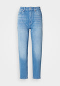 Helle blaue Jeans mit hoher Taille, geradem Schnitt und leichter Ausbleichung an den Oberschenkeln. Mit Vordertaschen und Gürtelschlaufen.