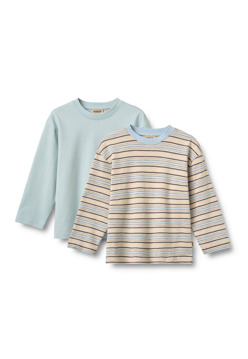 Zwei langärmelige Kinderhemden, eines einfarbig hellblau und eines beige mit blauen und braunen horizontalen Streifen, beide mit rundem Ausschnitt.