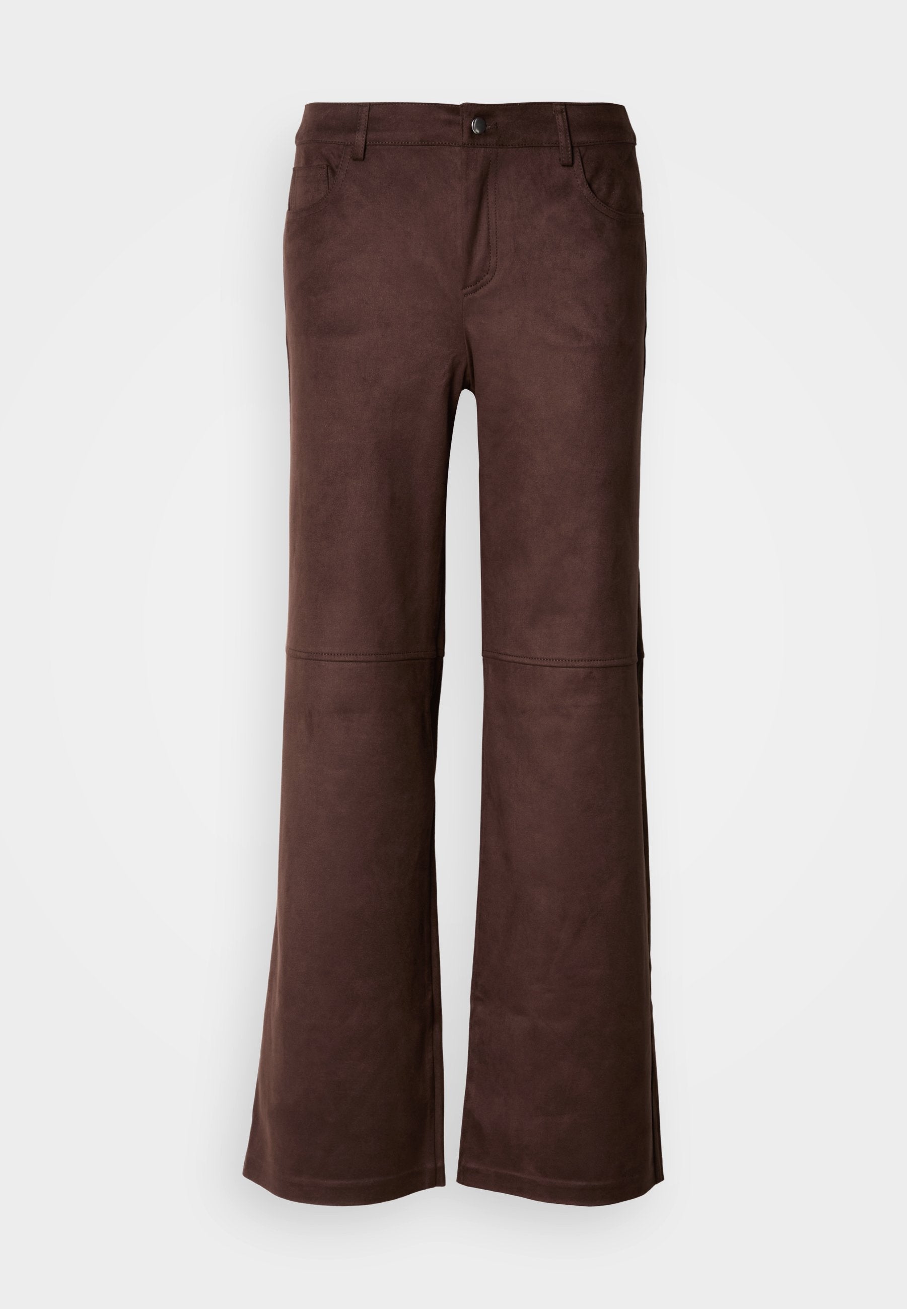 Braune, ausgestellte Hosen aus einem weichen, samtartigen Stoff. Verfügt über vier Taschen, einen Knopfverschluss und eine glatte, strukturierte Oberfläche.