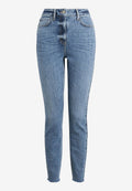 Hellblaue, hoch-taillierte Skinny Jeans aus Denim mit Knopfverschluss, fünf Taschen und fransig geschnittenen Säumen für einen modernen Look.