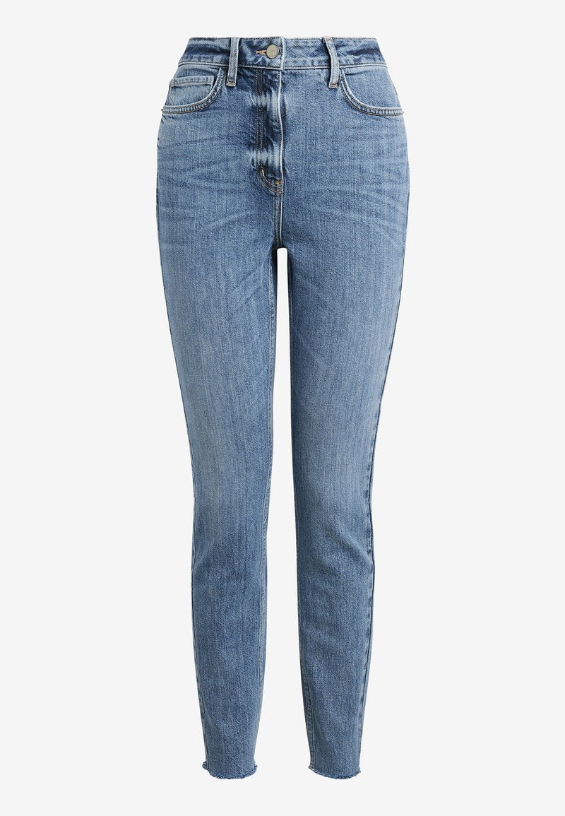 Hellblaue, hoch-taillierte Skinny Jeans aus Denim mit Knopfverschluss, fünf Taschen und fransig geschnittenen Säumen für einen modernen Look.