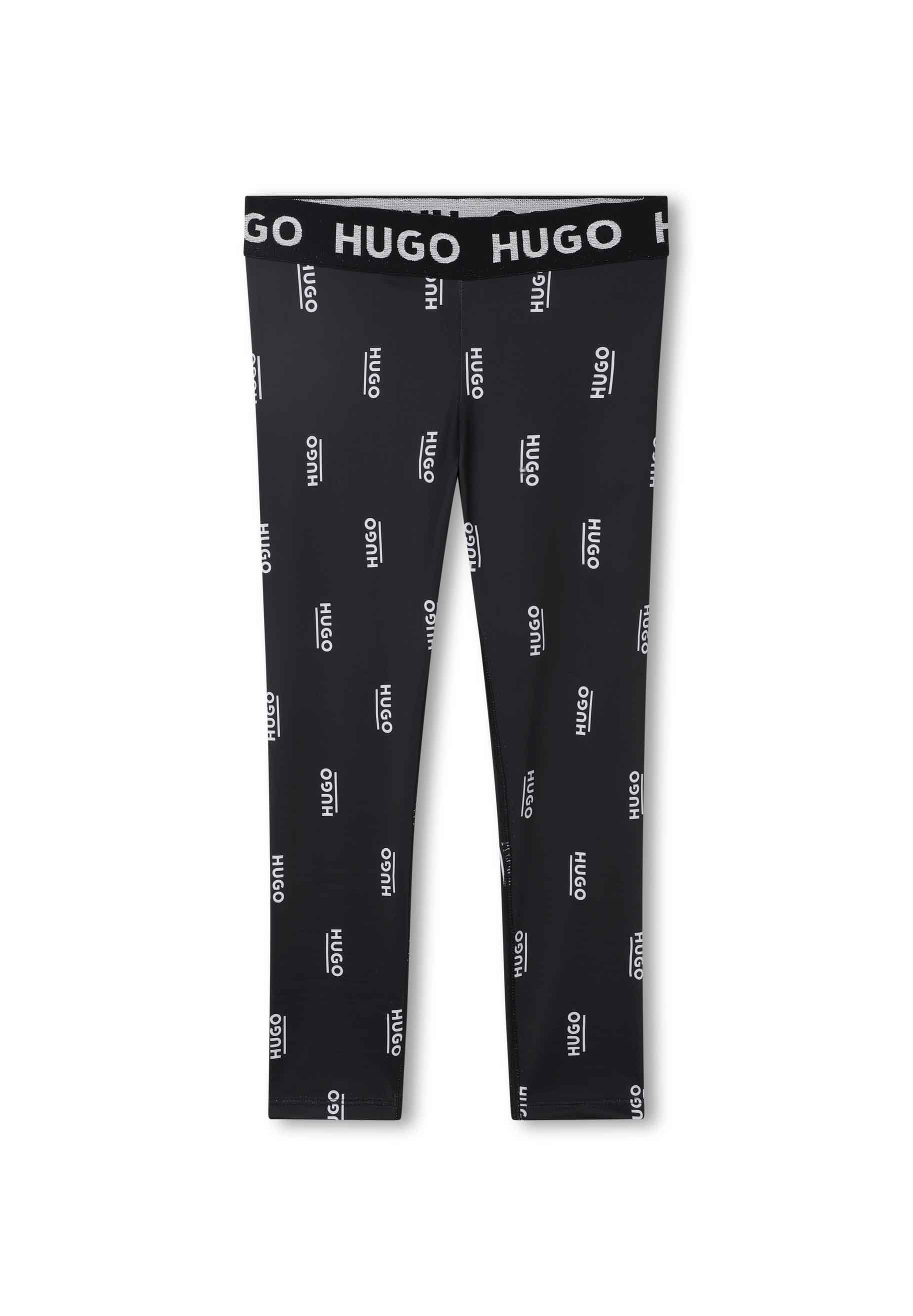 Schwarze Leggings mit einem HUGO-Logo-Muster in Weiß. Mit einem elastischen Bund und kontrastierenden Schriftzügen. Aus glattem, leichtem Stoff.
