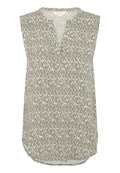 Ärmellose Bluse in hellem Beige mit einem strukturierten abstrakten Muster in dunklerem Beige, ausgestattet mit einem V-Ausschnitt und einem geschwungenen Saum.}}