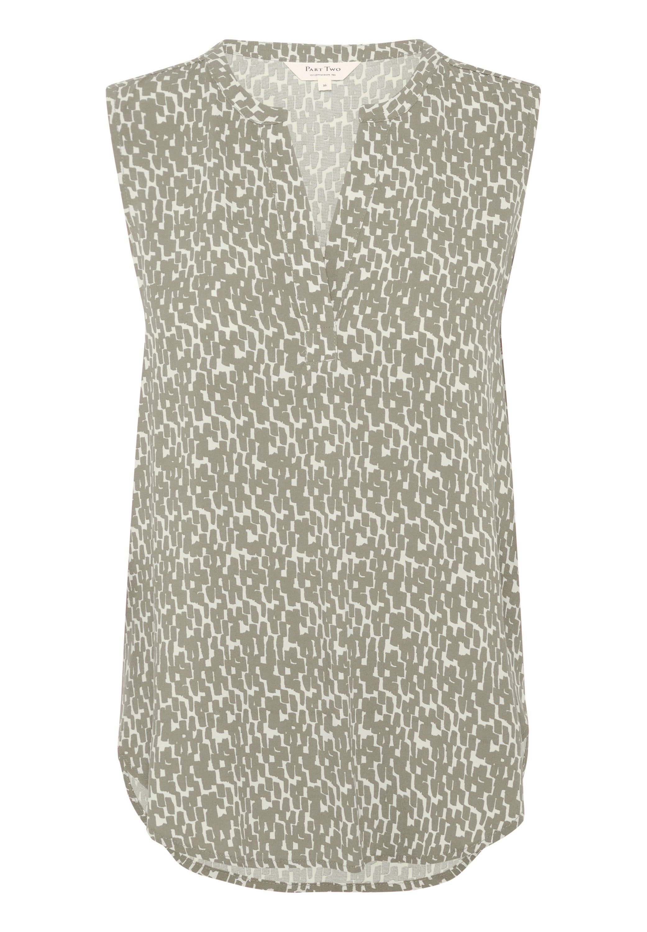 Ärmellose Bluse in hellem Beige mit einem strukturierten abstrakten Muster in dunklerem Beige, ausgestattet mit einem V-Ausschnitt und einem geschwungenen Saum.}}