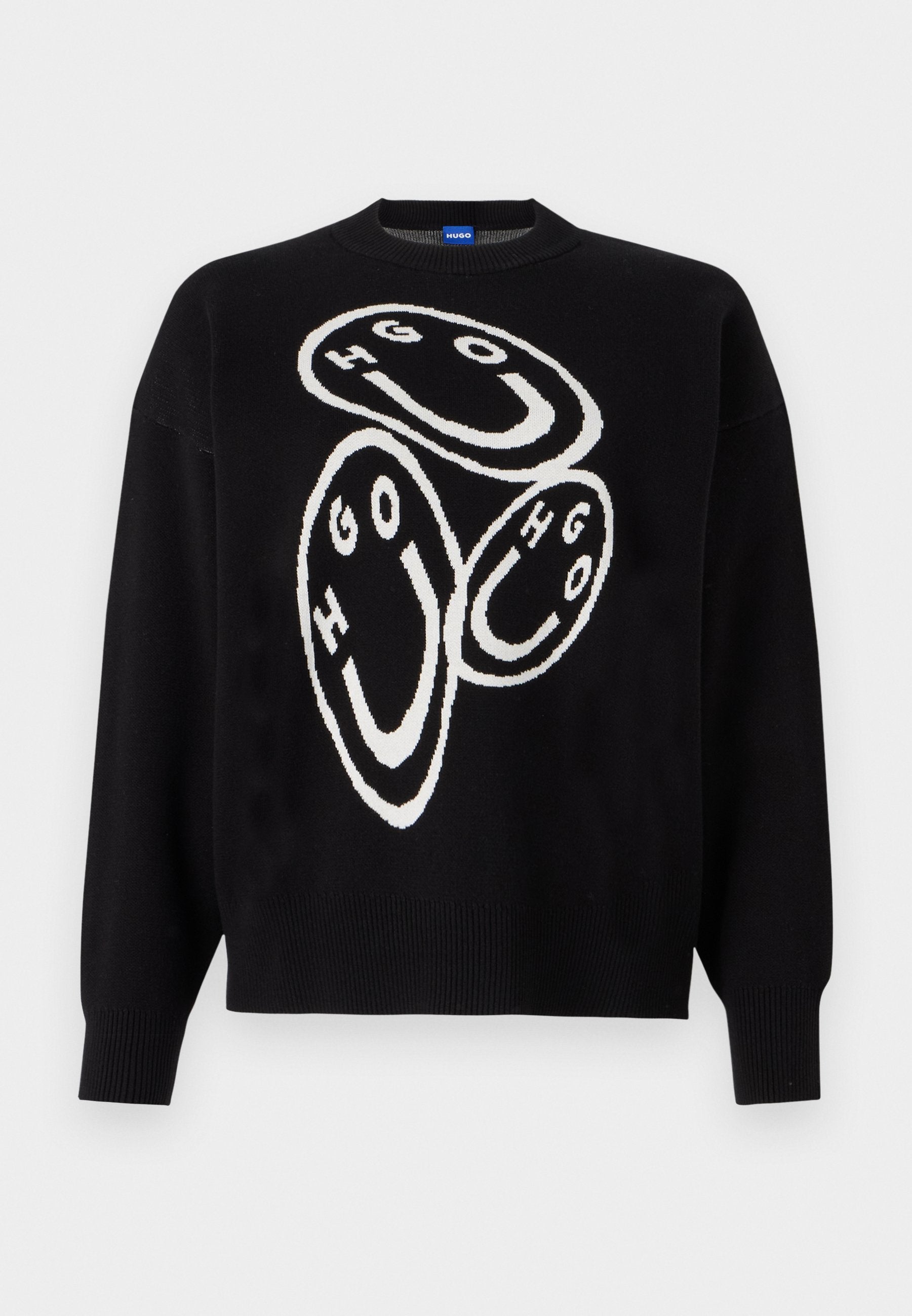 Schwarzer, gestrickter Pullover mit weißem grafischem Design, das aus kreisförmigen Formen und den Buchstaben "HGO" besteht. Gerippte Bündchen und Saum betonen die Struktur.