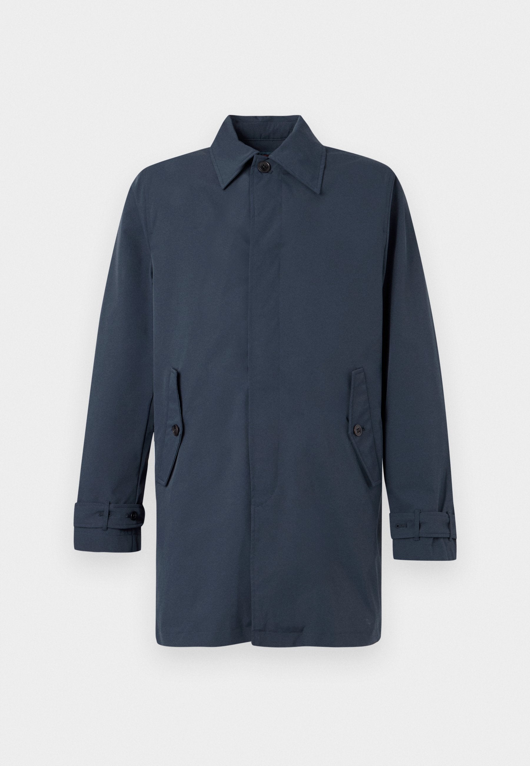 Navyblauer Mantel aus glattem Stoff, mit klassischem Kragen, zwei Vorderentaschen und Knopfakzenten an den Ärmeln. Langes, gerades Design.