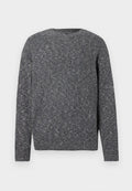 Dunkelgrauer, langärmeliger Rippenstrickpullover mit Rundhalsausschnitt und gesprenkelter Textur.