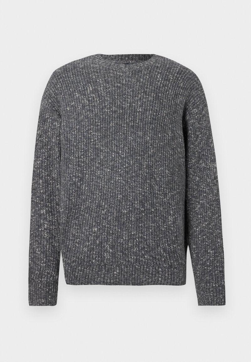 Dunkelgrauer, langärmeliger Rippenstrickpullover mit Rundhalsausschnitt und gesprenkelter Textur.