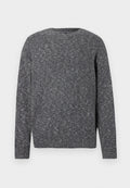 Dunkelgrauer, langärmeliger Rippenstrickpullover mit Rundhalsausschnitt und gesprenkelter Textur.