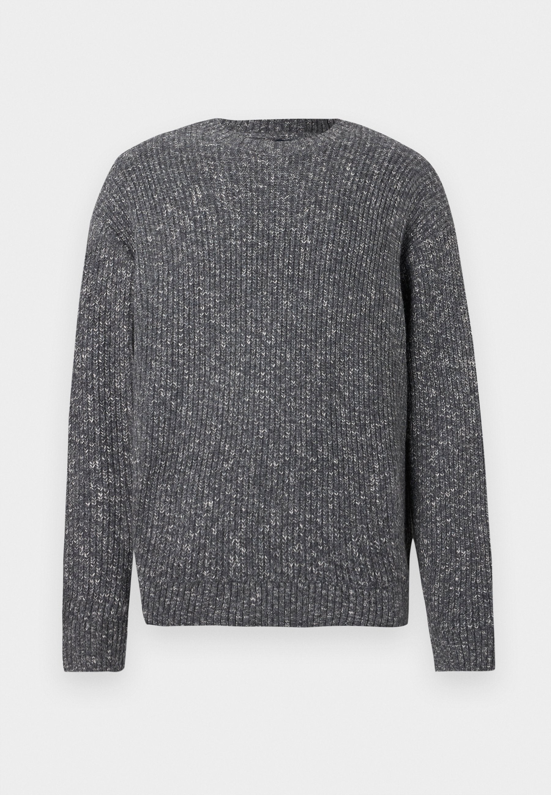 Dunkelgrauer, langärmeliger Rippenstrickpullover mit Rundhalsausschnitt und gesprenkelter Textur.