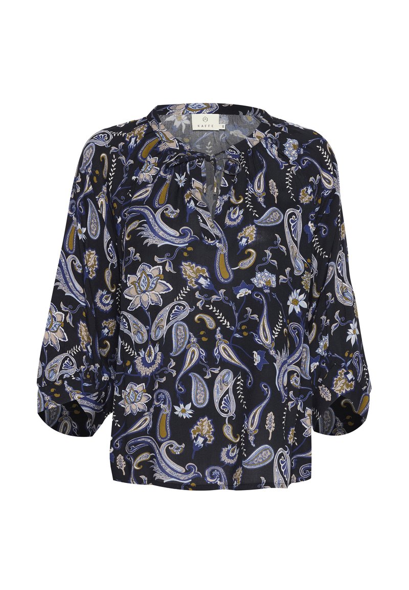 Schwarze Bluse mit Paisleymuster in Blau, Creme und Gold. Verfügt über einen gerafften Ausschnitt und weite, fließende Ärmel. Leichter Stoff.
