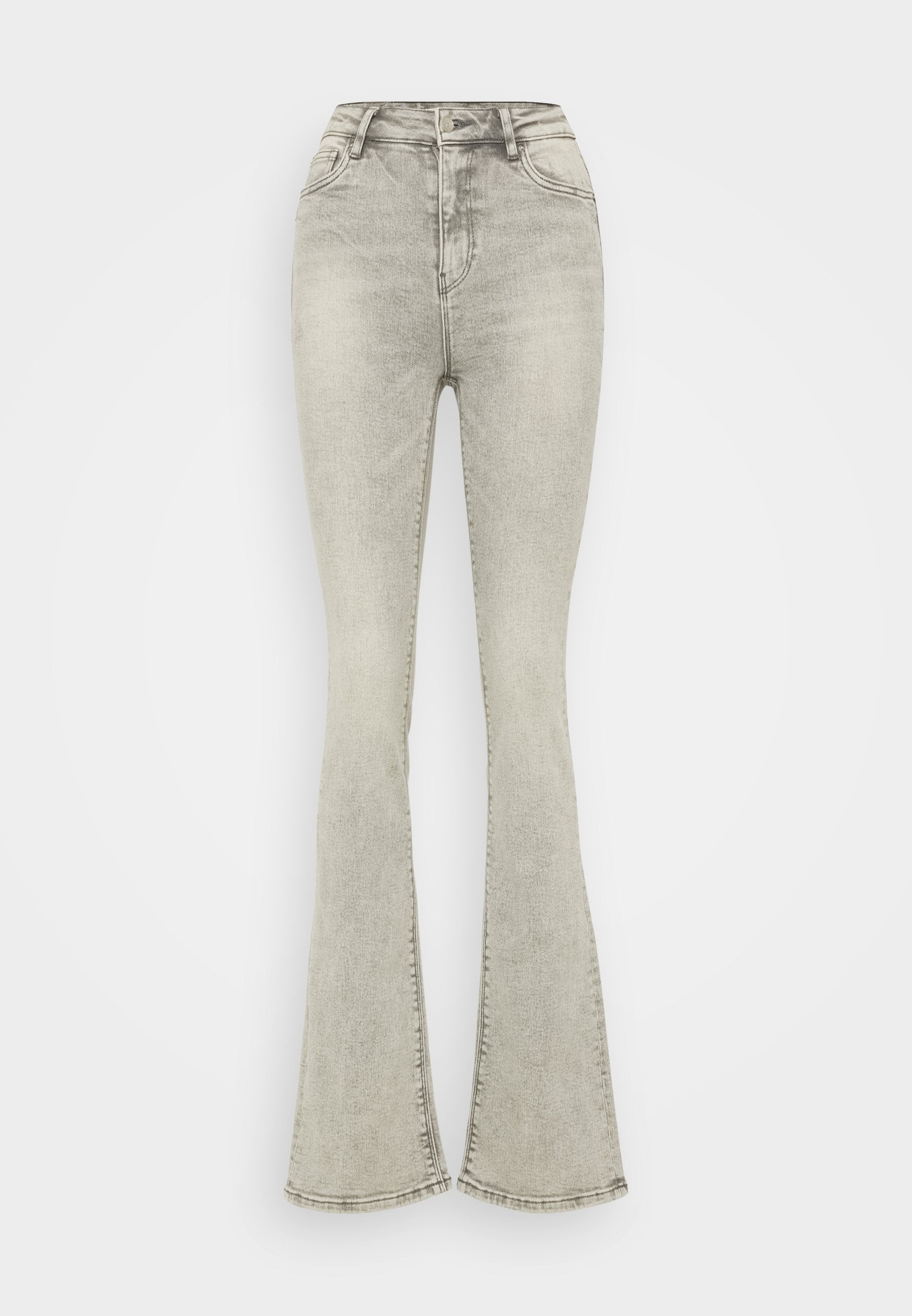 Helle graue Schlagjeans mit hoher Taille, aus Denim gefertigt, mit einem Reißverschluss und dezenten Nähten entlang der Säume.