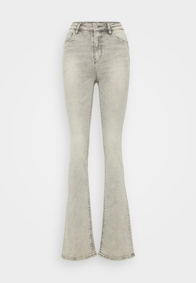 Helle graue Schlagjeans mit hoher Taille, aus Denim gefertigt, mit einem Reißverschluss und dezenten Nähten entlang der Säume.