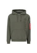 Olivgrüner Hoodie mit Kängurutasche, Kapuze mit Kordelzug und geprägtem "ALPHA INDUSTRIES"-Logo. Verfügt über ein rotes Utility-Reißverschlussfach.