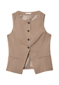 Beige ärmellose Weste mit dezenten Streifen, einreihiger Schnitt, fünf Knöpfen und zwei aufgesetzten Taschen. Glattes Innenfutter.