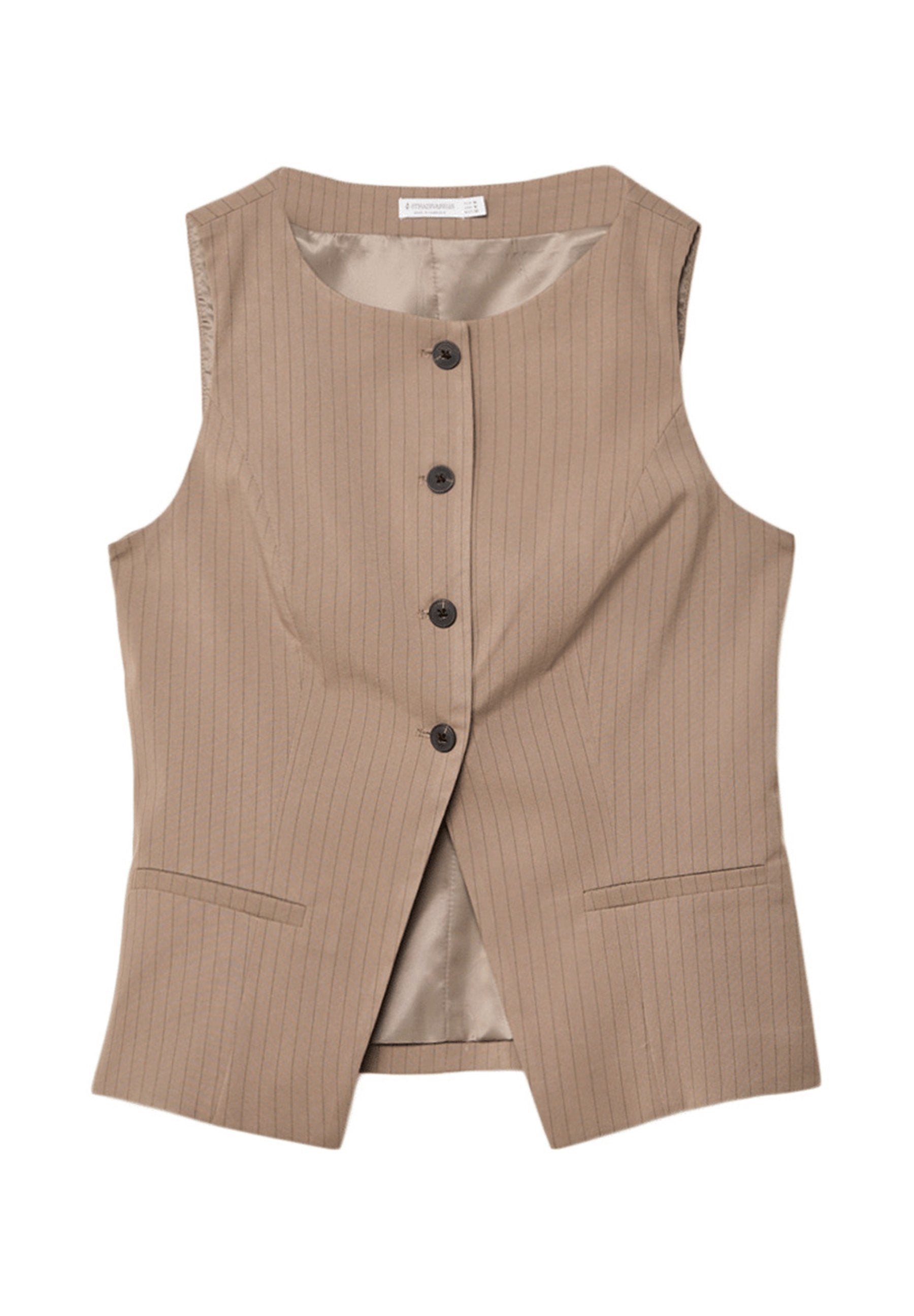 Beige ärmellose Weste mit dezenten Streifen, einreihiger Schnitt, fünf Knöpfen und zwei aufgesetzten Taschen. Glattes Innenfutter.