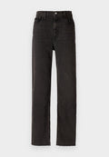 Schwarze Jeans mit geradem Schnitt, hoch tailliert, im Five-Pocket-Design und einem rohen Saum.