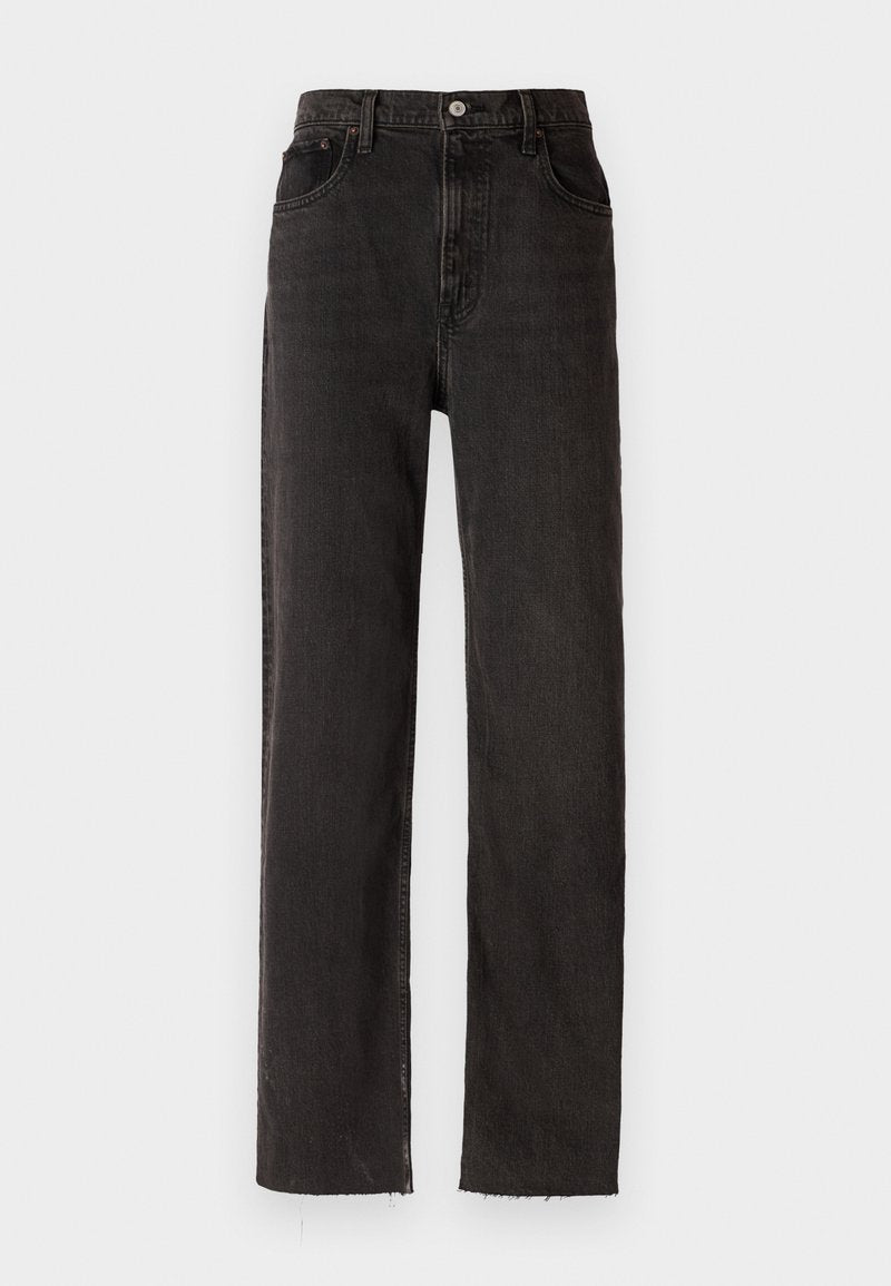 Schwarze Jeans mit geradem Schnitt, hoch tailliert, im Five-Pocket-Design und einem rohen Saum.