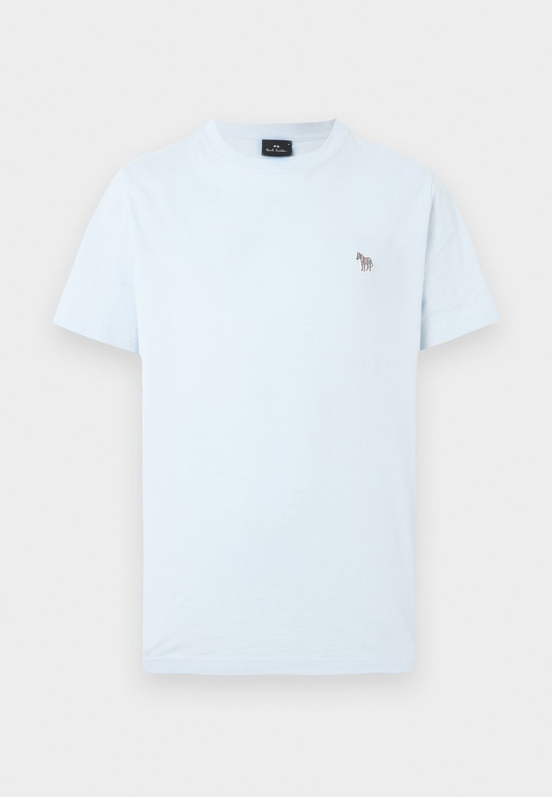 Weißes T-Shirt mit kurzen Ärmeln und Rundhalsausschnitt, mit kleinem, mehrfarbigem Zebra-Logo auf der linken Brust gestickt.