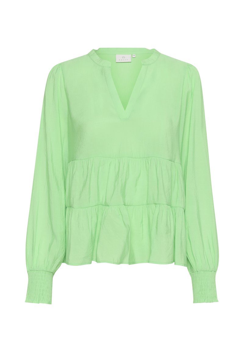 Hellgrüne Bluse mit V-Ausschnitt, langen Ärmeln und gestuften Rüsche-Design. Hergestellt aus einem glatten, leicht strukturierten Stoff. Elastische Bündchen.