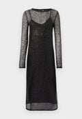 Schwarzes langärmeliges Kleid mit einer anliegenden Innenschicht und transparentem Spitzenüberzug. Verfügt über ein strukturiertes Muster und einen dezenten Glanz.