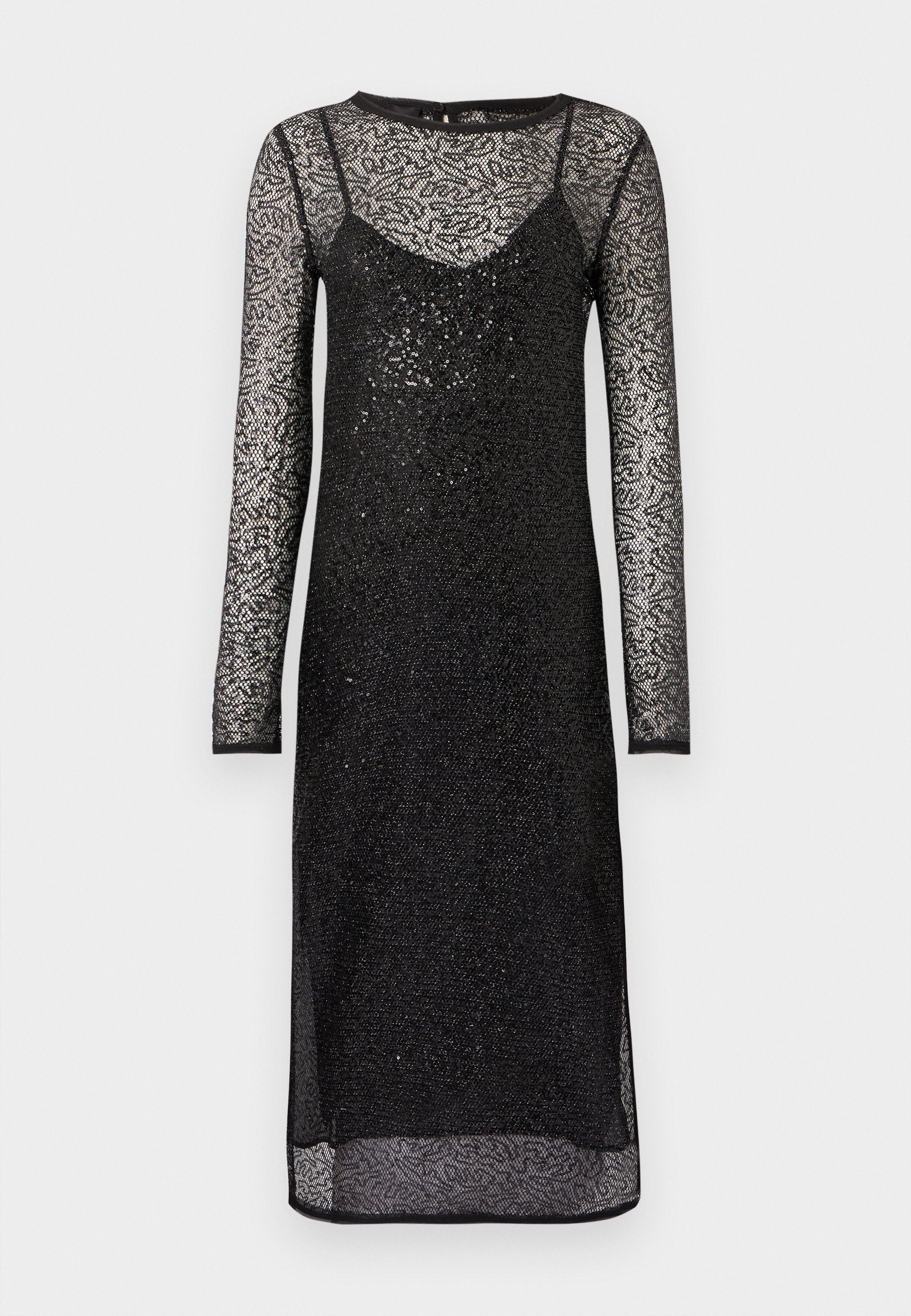 Schwarzes langärmeliges Kleid mit einer anliegenden Innenschicht und transparentem Spitzenüberzug. Verfügt über ein strukturiertes Muster und einen dezenten Glanz.