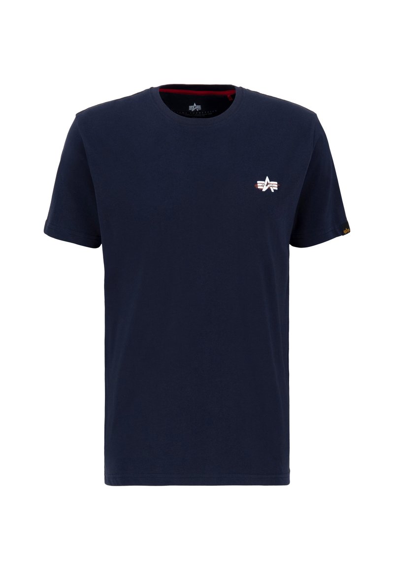 Marineblaue Baumwoll-T-Shirt mit rundem Ausschnitt. Enthält ein kleines gesticktes Logo in Weiß und Rot auf der linken Brust. Kurze Ärmel.