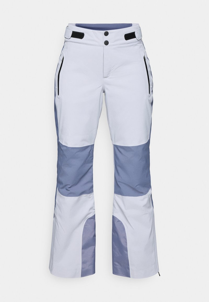 Skihosen aus einer Mischung aus weißem und hellblauem Stoff. Sie verfügen über zwei seitliche Reißverschlusstaschen, einen flachen Bund mit zwei Knöpfen und ein ausgestellt geschnittenes Bein-Design.