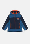 Blaues und marinefarbenes Kapuzenjacke mit durchgehendem Reißverschluss, orangen Akzenten, zwei Reißverschlusstaschen und einem Patch-Logo auf der Brust.