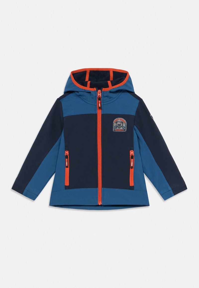 Blaues und marinefarbenes Kapuzenjacke mit durchgehendem Reißverschluss, orangen Akzenten, zwei Reißverschlusstaschen und einem Patch-Logo auf der Brust.