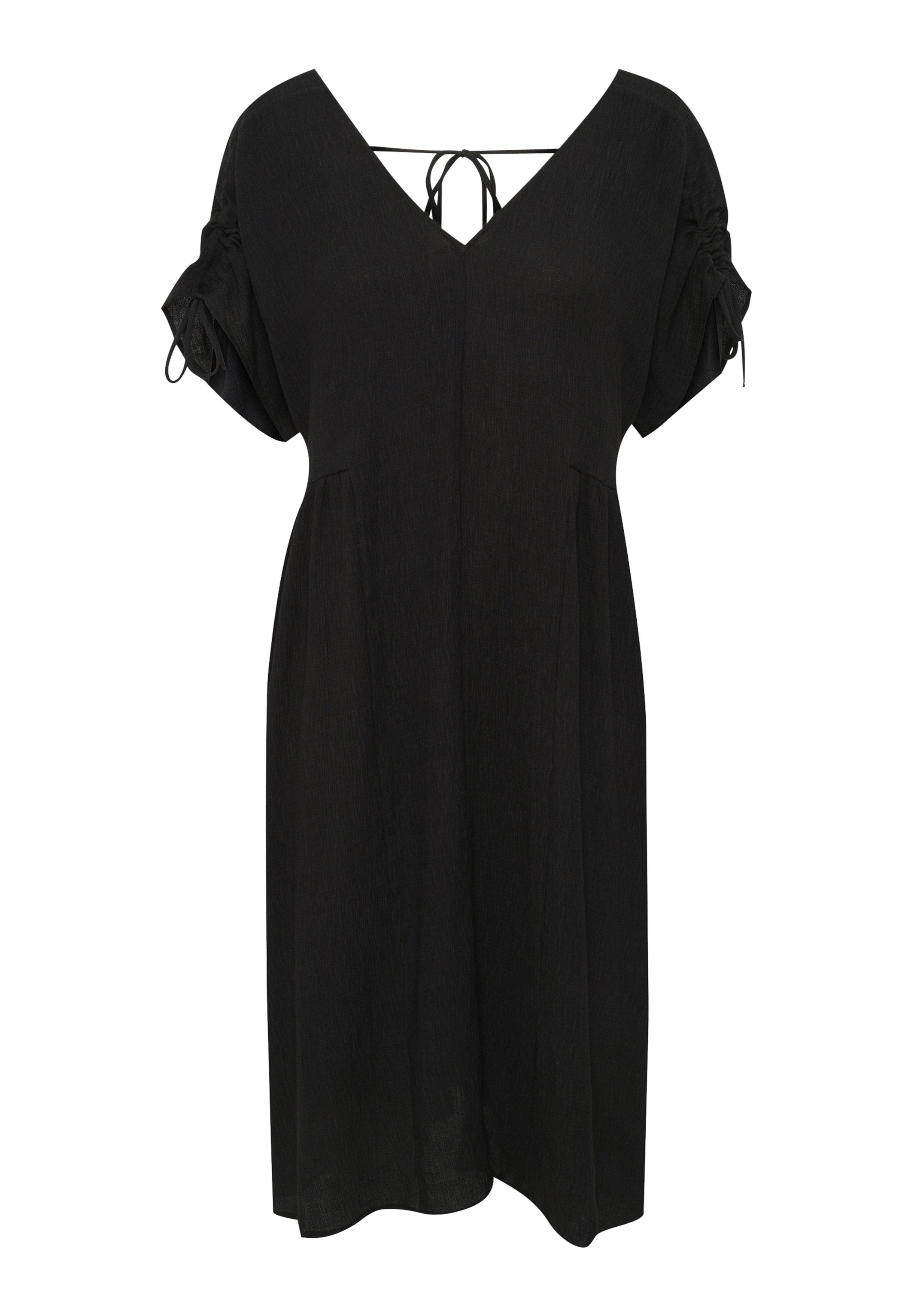 Schwarzes Kleid mit V-Ausschnitt, kurzen Puffärmeln und einem gebundenen Detail im Rücken. Hergestellt aus weichem Stoff mit einem leichten, fließenden Design.