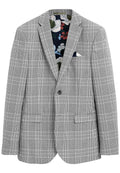 Grauer Karo-Blazer mit Reverskragen, zwei Vordertaschen und Futter mit Floralprint. Mit einer Brusttasche und Ein-Knopf-Verschluss.