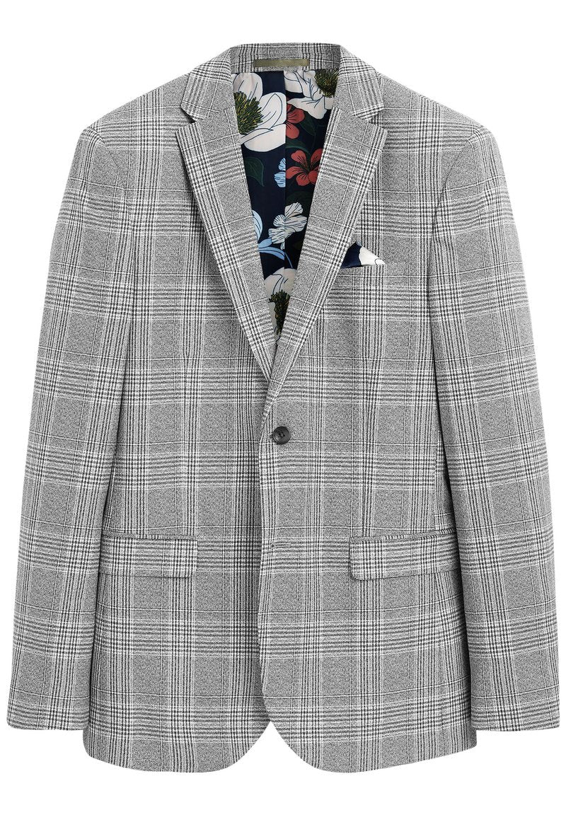 Grauer Karo-Blazer mit Reverskragen, zwei Vordertaschen und Futter mit Floralprint. Mit einer Brusttasche und Ein-Knopf-Verschluss.