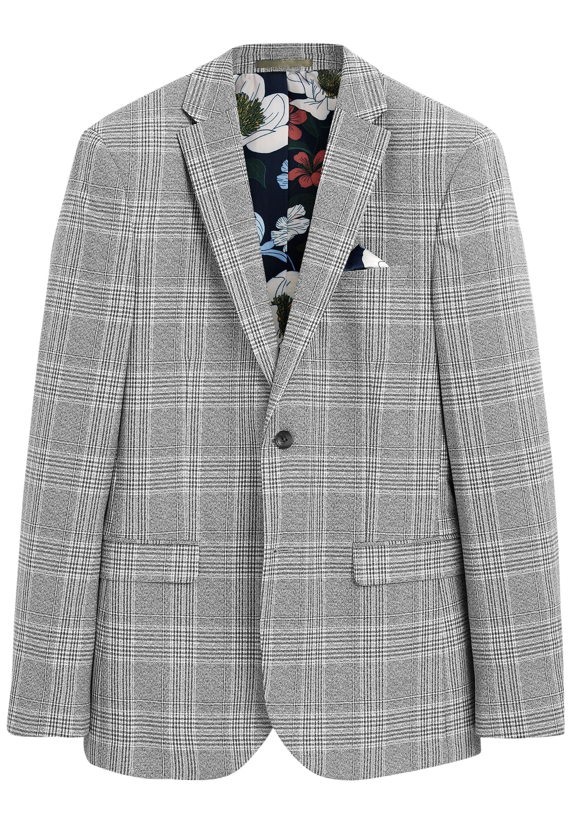 Grauer Karo-Blazer mit Reverskragen, zwei Vordertaschen und Futter mit Floralprint. Mit einer Brusttasche und Ein-Knopf-Verschluss.