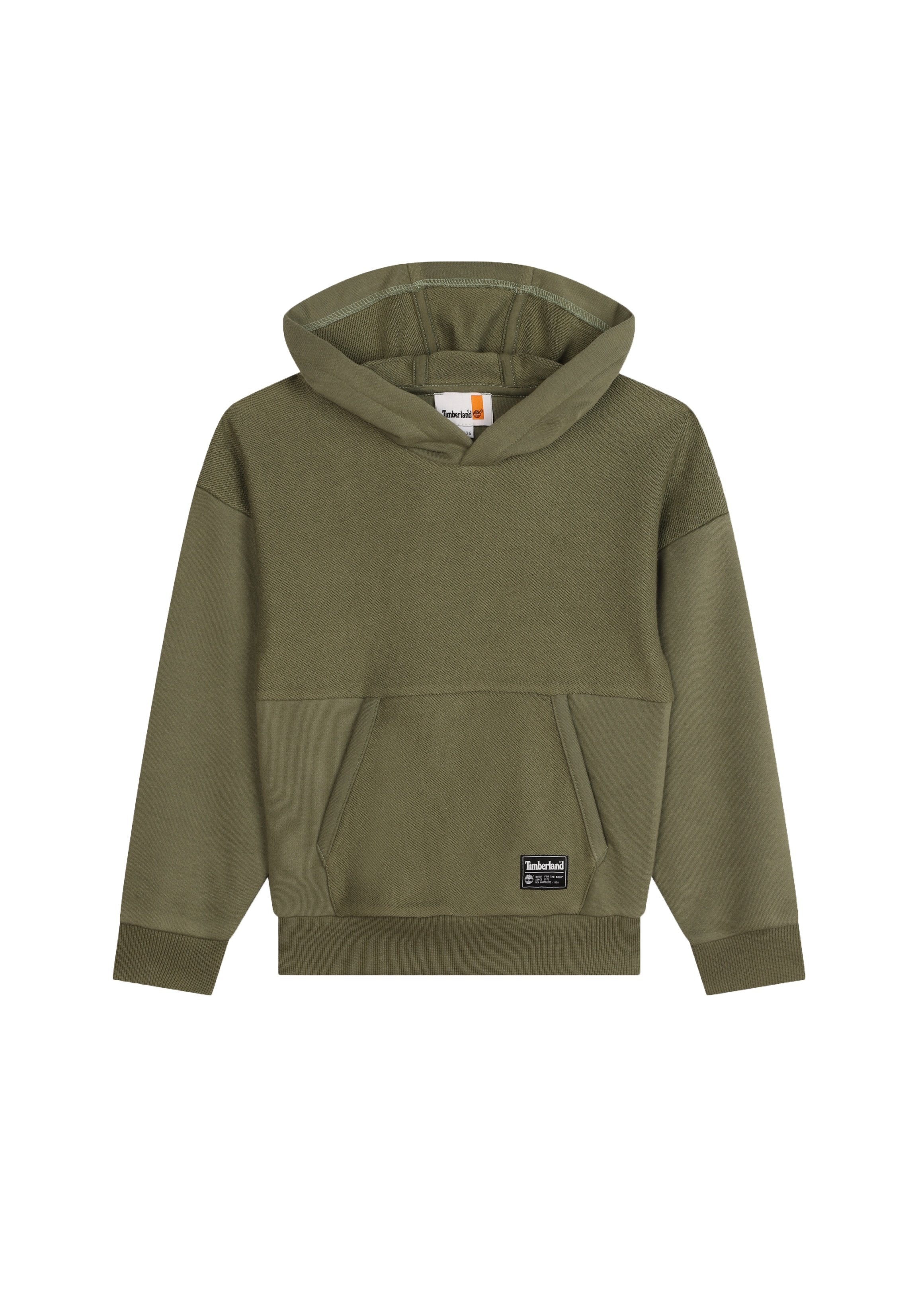 Olivgrüner Hoodie mit großer Fronttasche, strukturiertem oberen Abschnitt, gerippten Bündchen und einem Logo-Patch am Saum. Mit Kapuze.