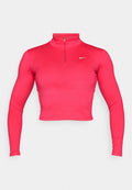 Rosa, taillierte, langärmelige Sportoberteil mit hohem Kragen und Viertelreißverschluss. Hergestellt aus glattem, dehnbarem Stoff mit einem kleinen, weißen Logo.