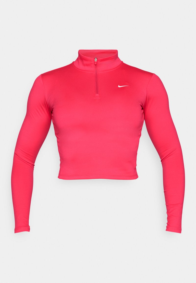 Rosa, taillierte, langärmelige Sportoberteil mit hohem Kragen und Viertelreißverschluss. Hergestellt aus glattem, dehnbarem Stoff mit einem kleinen, weißen Logo.