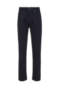 Marineblau Baumwollhose mit geradem Bein, dezentem Taschennähten, vorderem Knopfverschluss und Gürtelschlaufen. Klassisches Design.