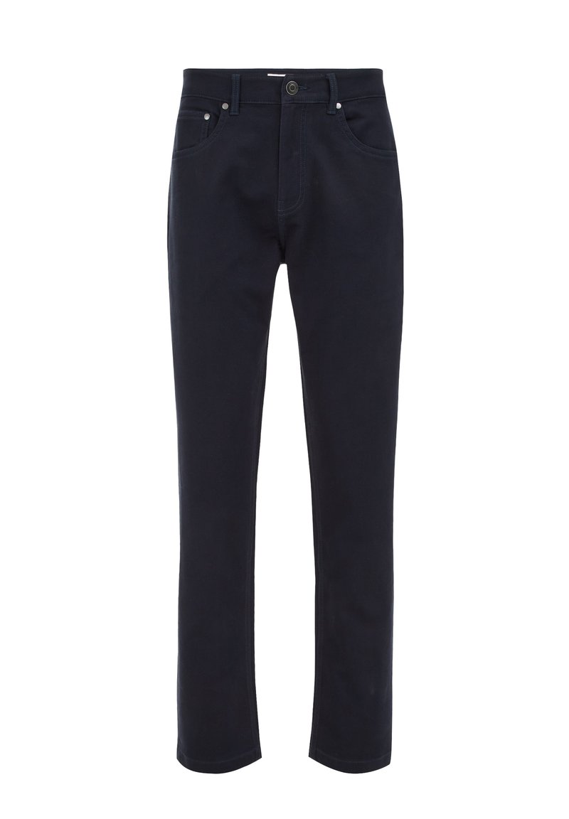 Marineblau Baumwollhose mit geradem Bein, dezentem Taschennähten, vorderem Knopfverschluss und Gürtelschlaufen. Klassisches Design.