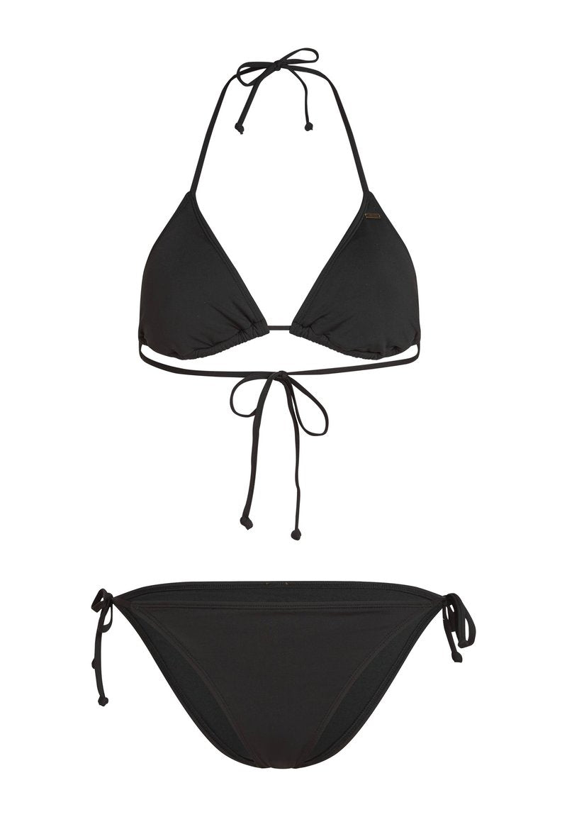 Schwarzes Bikini-Set mit einem dreieckigen Oberteil mit Bindeträgern und einem Höschen mit verstellbaren seitlichen Bindebändern. Hergestellt aus glattem, dehnbarem Stoff.