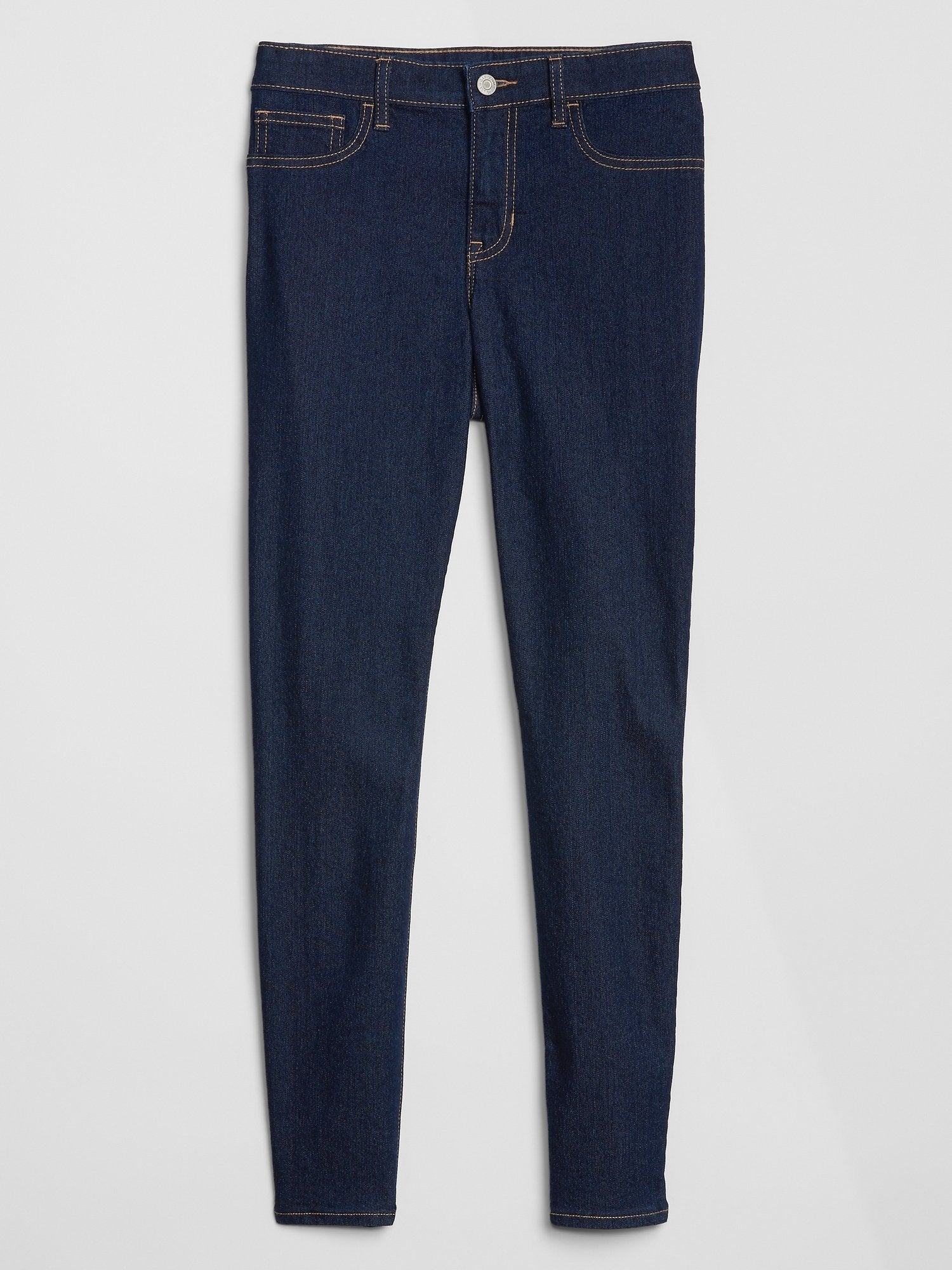 Dunkelblaue Skinny Jeans aus Denim mit Kontrastnähten, Fünf-Taschen-Design und Metallknopfverschluss. Glatte Textur und schmal zulaufende Beinform.