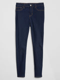 Dunkelblaue Skinny Jeans aus Denim mit Kontrastnähten, Fünf-Taschen-Design und Metallknopfverschluss. Glatte Textur und schmal zulaufende Beinform.