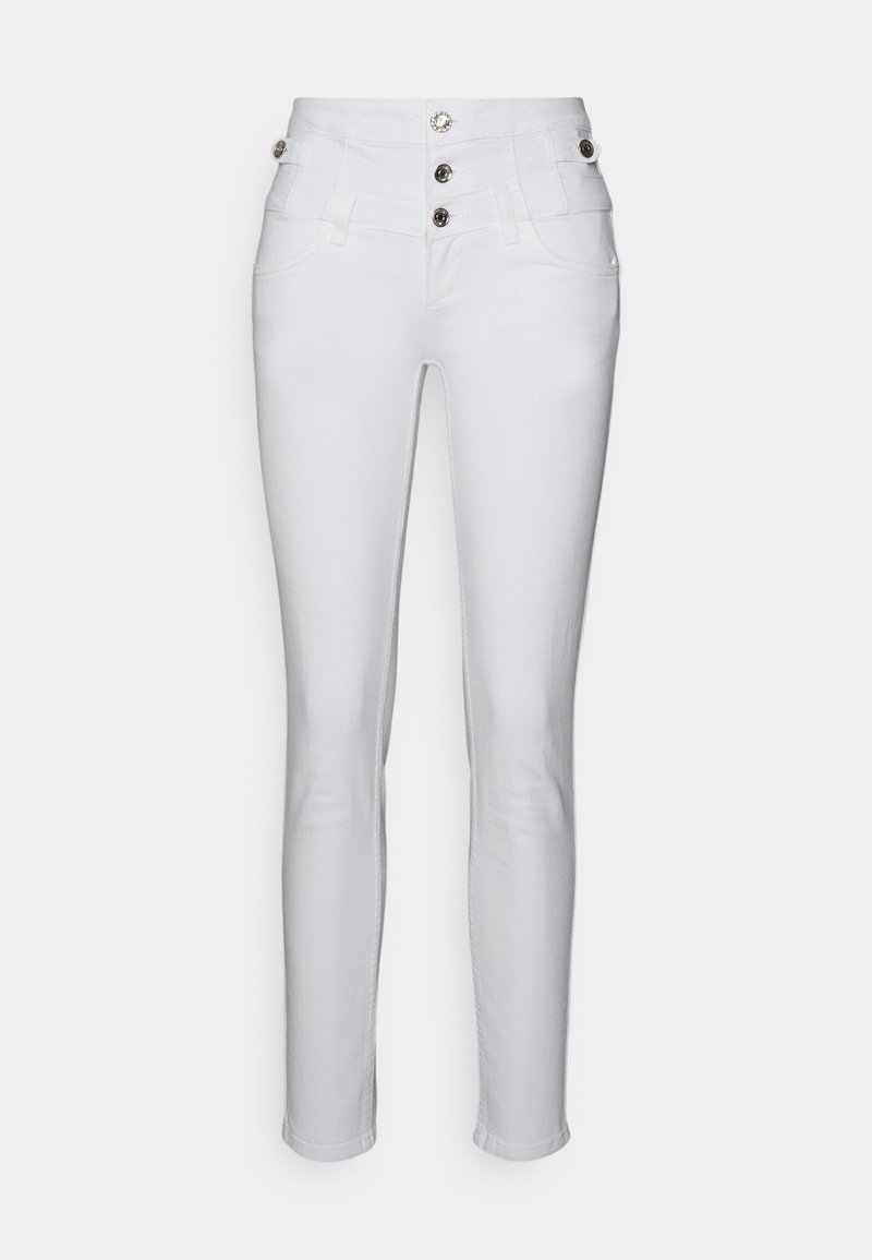 Weiße hoch taillierte Jeans aus einem dehnbaren Denim-Stoff, mit fünf Taschen und drei Knopfverschlüssen an der Taille.