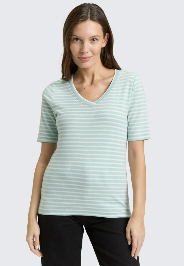 TOM TAILOR MIT V-AUSSCHNITT - Print T-shirt - blue haze/offwhite stripe