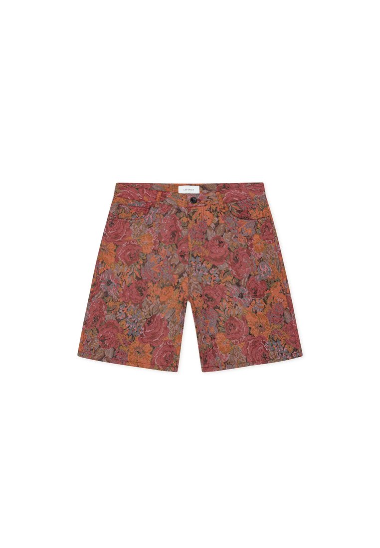 Kurze Hosen mit floralem Muster in Rottönen, Orange und Grün. Hergestellt aus einem Stoff mit weicher Textur. Verfügt über eine vordere Knopfleiste und Gürtelschlaufen.