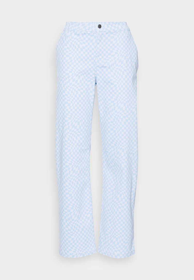 Hellblaue Hose mit Schachbrettmuster, aus leichtem Stoff gefertigt. Verfügt über einen vorderen Knopfverschluss und gerade geschnittene Beine.