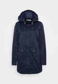 Navy wasserdichte Jacke mit Kapuze, zwei Fronttaschen, verstellbaren Kordeln, glatter Textur und silberfarbenen Hardware-Akzenten.