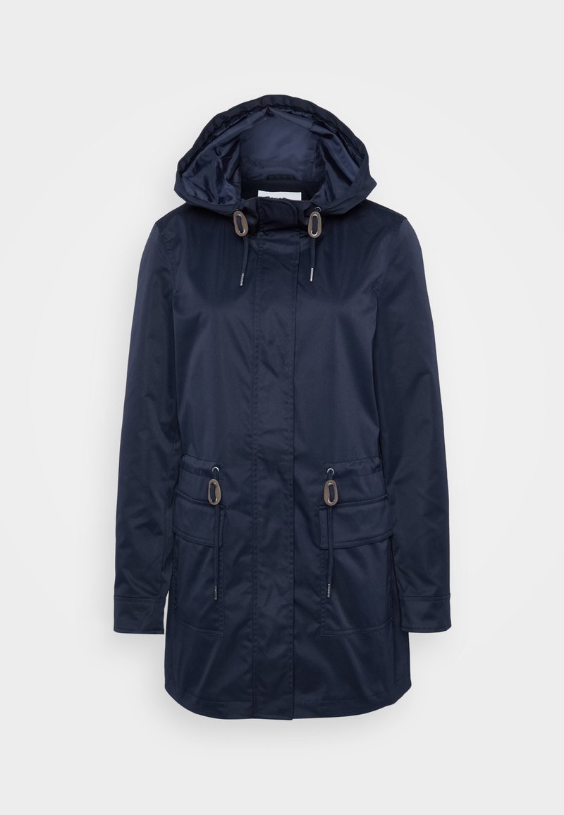 Navy wasserdichte Jacke mit Kapuze, zwei Fronttaschen, verstellbaren Kordeln, glatter Textur und silberfarbenen Hardware-Akzenten.