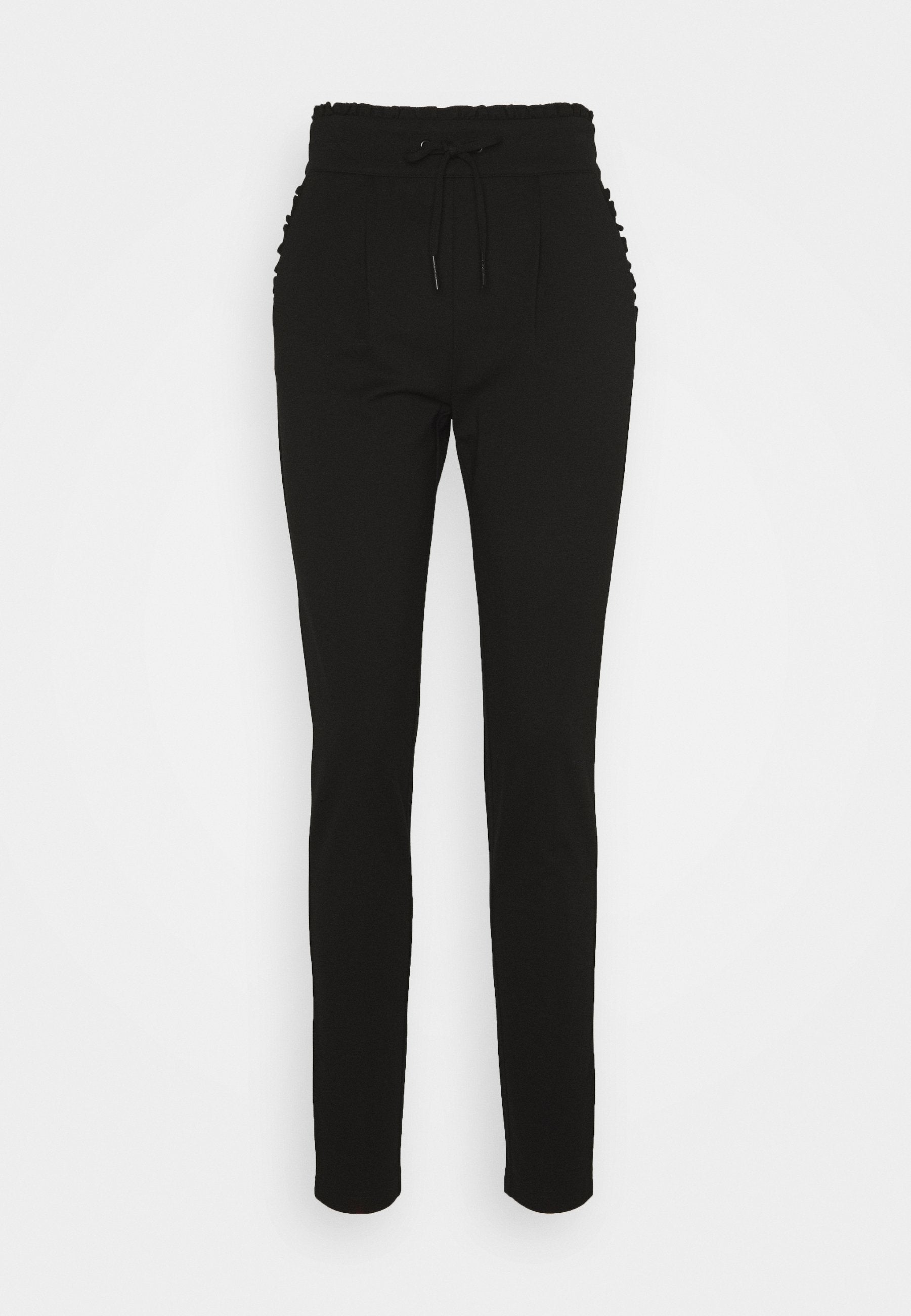Schwarze knöchellange Hose mit einem gerafften elastischen Bund und Kordelzug, ausgestattet mit seitlichen Raffungseffekten für zusätzliche Textur. Glatte Stoffoberfläche.