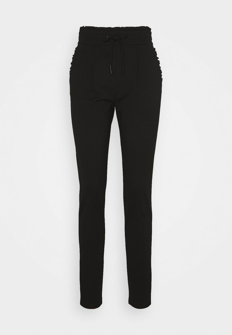 Schwarze knöchellange Hose mit einem gerafften elastischen Bund und Kordelzug, ausgestattet mit seitlichen Raffungseffekten für zusätzliche Textur. Glatte Stoffoberfläche.